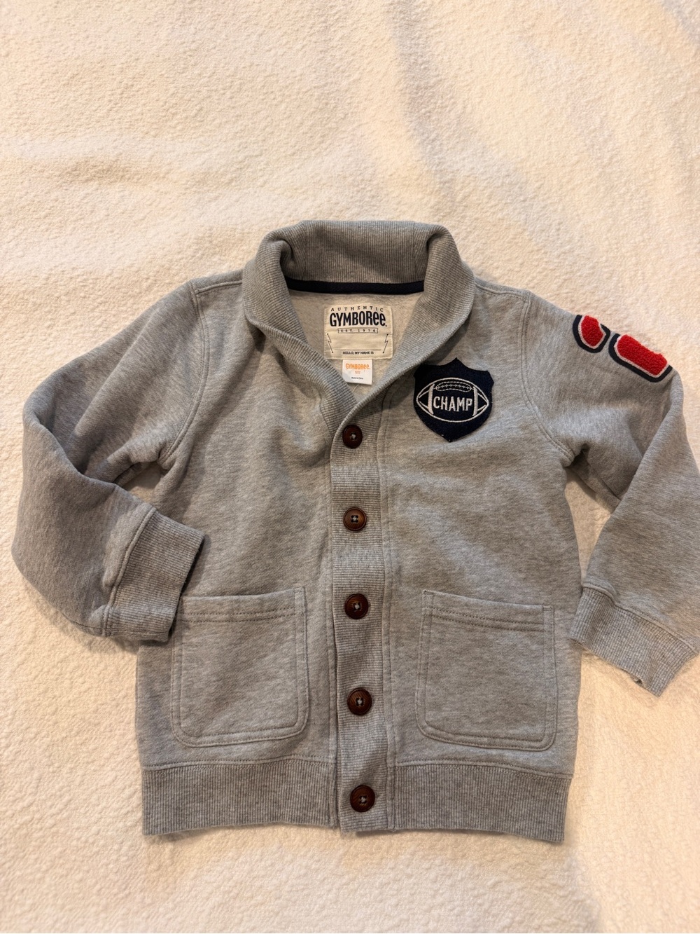 Gymboree Gray Shawl-Collar Sweatshirt Cardigan with Red Sleeve Patch
